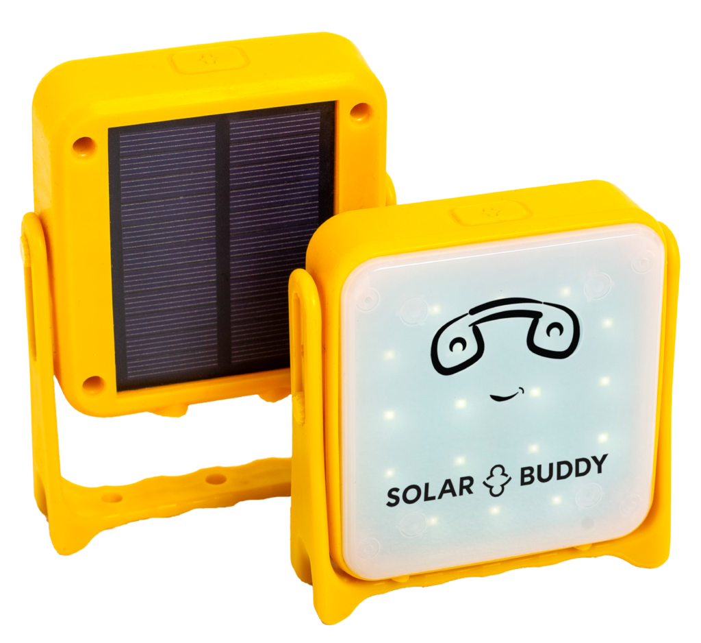 JuniorBuddy solar-powered light showing the solar panel and illuminated front with friendly face design