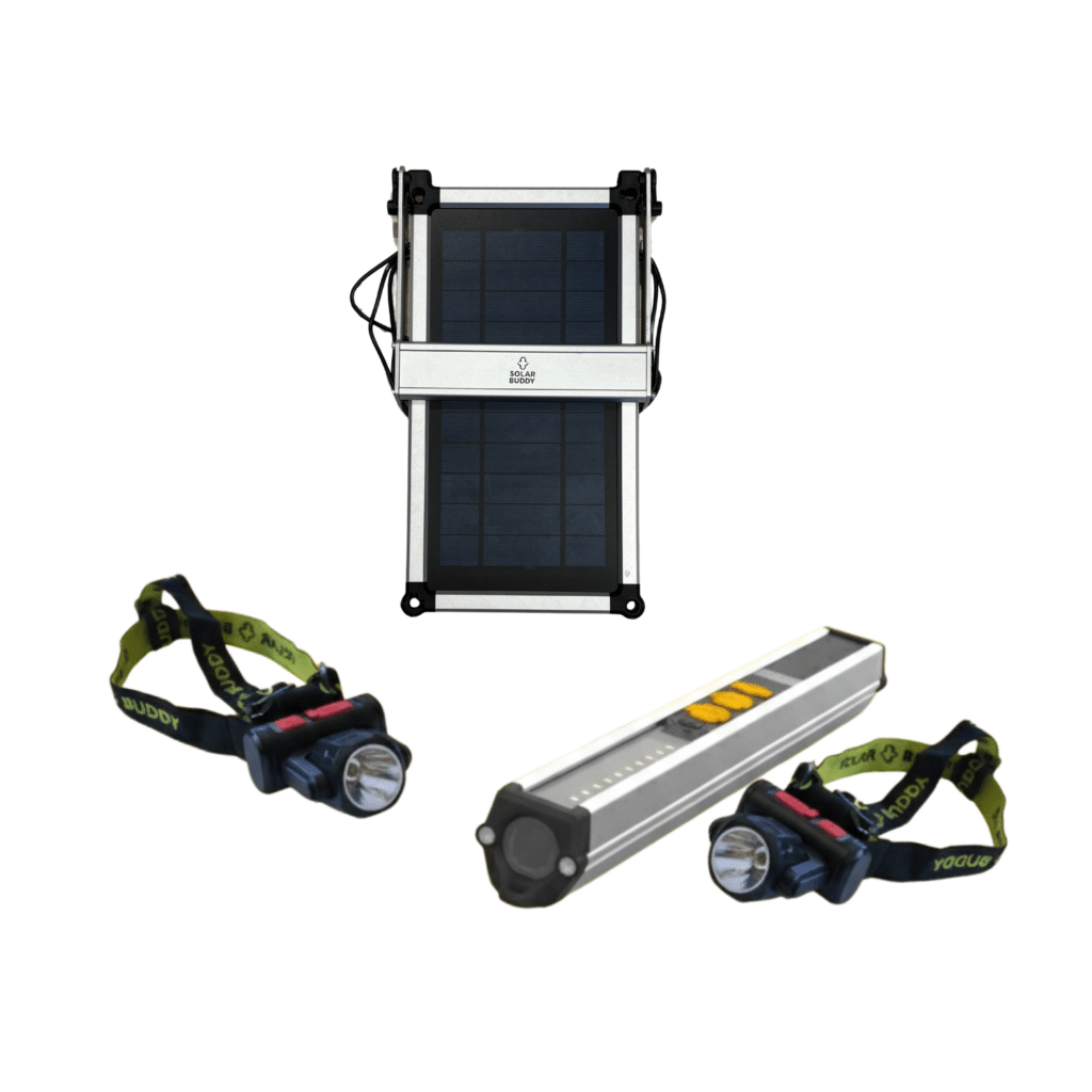 Bright Futures Bundle product kit showing solar panel, rechargeable battery unit, and headlamp arranged together