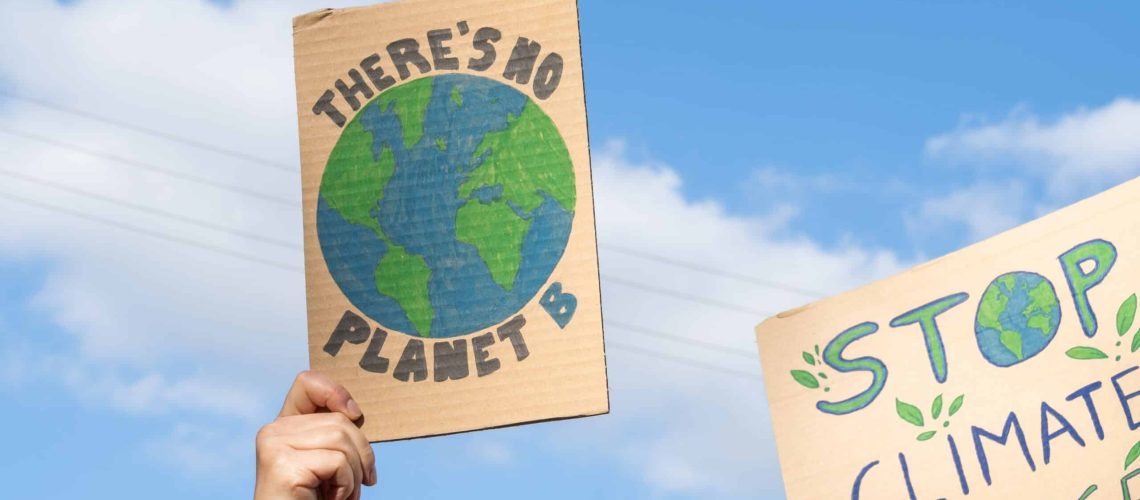 Hand holding up DIY cardboard sign with an earth in the centre and saying "There's no planet B".